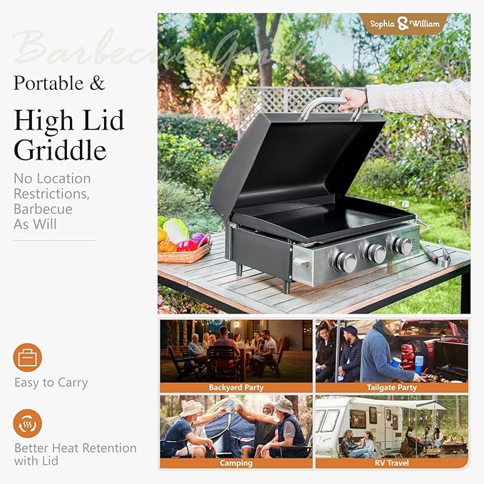Sophia & William 22" Flat Top Grill with Lid & Ceramic Coated Cast Iron Pan, 3-Burner Portable Tabletop Gas Propane Griddle for Outdoor, BBQ, Camping & Tailgating Barbecue, 24,000 BTU