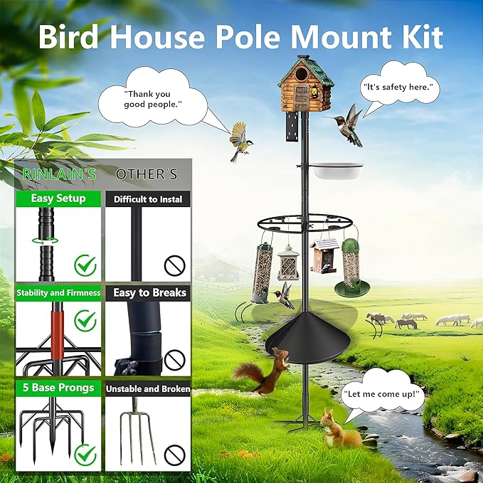 Bird Feeder Pole Stand,95 Inch House Pole for Outdoors Weather Station,Heavy Duty Metal Mount Kit Adjustable Multifunctional Bird Feeder Set