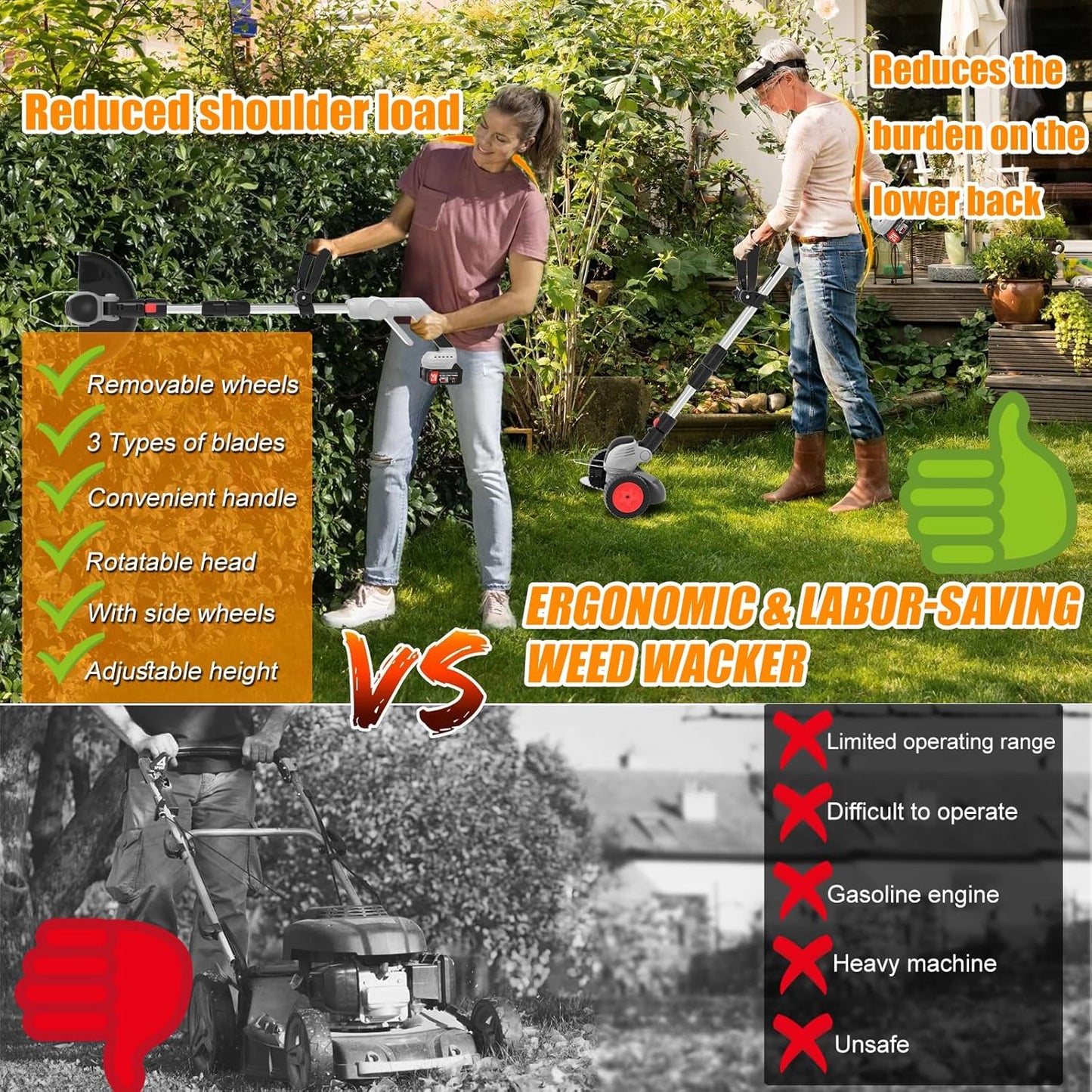 Electric Weed Wacker Eater,3-in-1 Cordless Weed Trimmer with 2 21V/4.0Ah Battery Operated & Fast Charger & 90Min Runtime, 3 Types of Blades for Thick Weeds/Edging/Mowing for Garden Yard -Grey