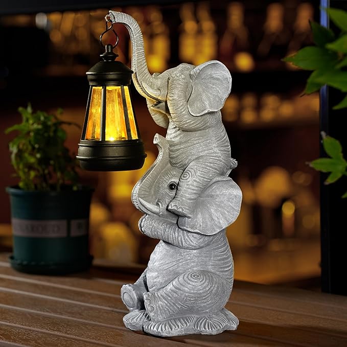Solar Elephant Garden Statue with LED Lights - Waterproof Outdoor Decor for Patio, Yard, Balcony - Unique Elephant Gifts for Women, Mom, Grandma - Birthday, Mother’s Day, Housewarming Gift