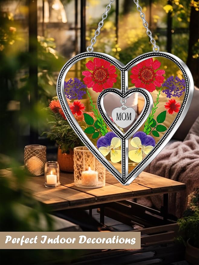 KY&BOSAM Heart Suncatcher Mom Gift Ornament Stained Glass Panles Hangings for Windows Sun Catcher with Pressed Flower Heart in Glass Birthday Gifts for Women Mother`s Day Christmas Home Garden Decor