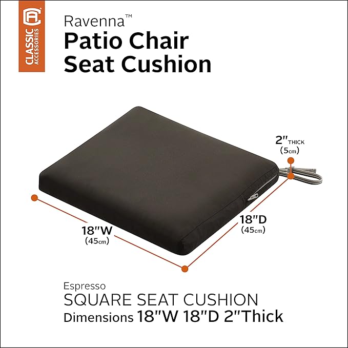 Classic Accessories Ravenna Water-Resistant Patio Chair Seat Cushion, 18 x 18 x 2 Inch, Espresso, Patio Furniture Cushions