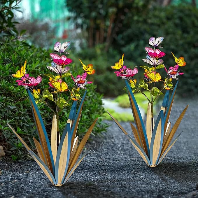 Garden Outdoor Butterfly Enlarge Thickened Wind Resistant Metal Agave Garden Art Metal Plant Country Sculpture Statue Decorations Ornaments Artificial Waterproof Butterflies(Blue 2pcs)