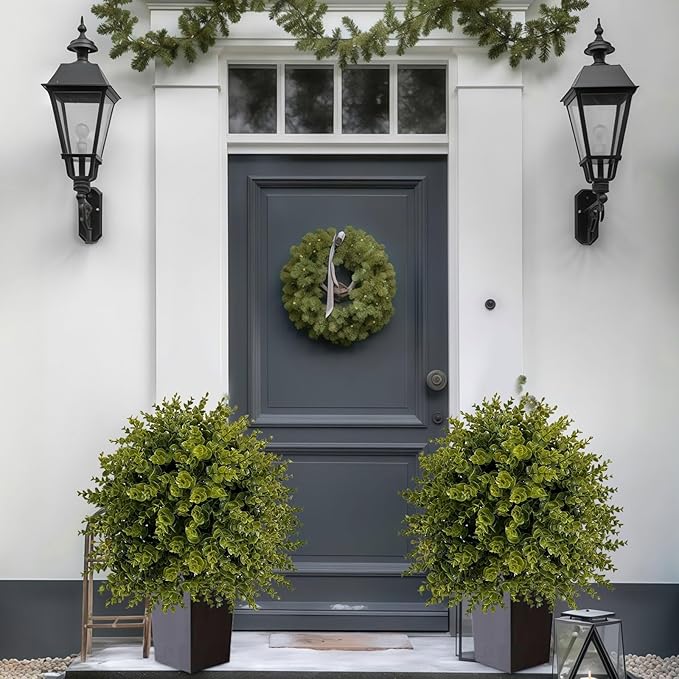 ICX 2 Set 25" Artificial Eucalyptus Topiary Ball Trees with Ground Spike,Artificial Plants Outdoor,Fake Bushes & Shrubs for Porch, Garden, Front Porch Decor - Indoor/Outdoor Faux Plants