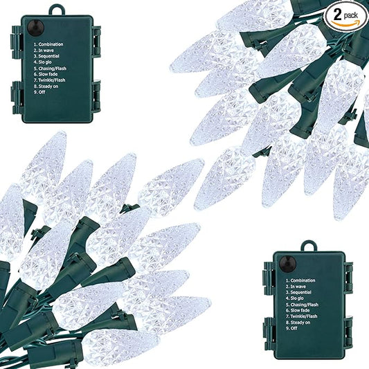 C6 LED Christmas String Lights, 20 ft 60 LED Battery Operated Faceted Strawberry Lights, Waterproof for House Roof Roofline Christmas Tree, White, 2 Pack