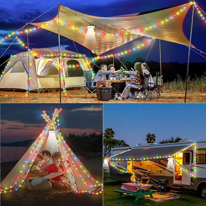 Camping String Lights, 4 in 1 Quick Storage Camping Essentials Gear 32.8FT Rechargeable Tent Lights with 9 Modes Hanging Waterproof LED Camp Lamp for Camping Hiking Patio Garden Festival -Warm +RGB