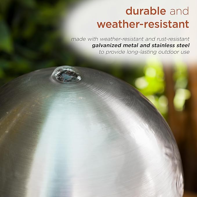 Alpine Corporation CPS188 Indoor Outdoor Modern Metal Orb Water Floor Fountain with River Rock Stone for Patio, Garden and Living Room, 37" H, Brown