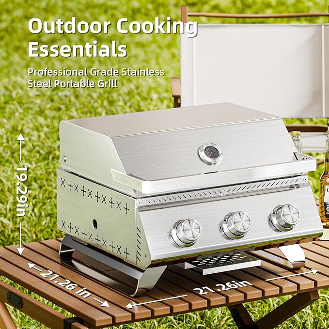 3-Burner 24,000 BTU Portable Flat Top Propane Gas Grill, Heavy-Duty Stainless Steel 2-in-1 Tabletop Grill and Griddle Combo for Commercial BBQ, Outdoor Cooking, Camping,Tailgates & Backyard