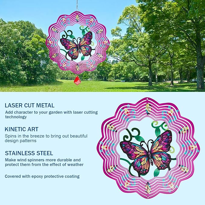 Butterfly Metal Wind Spinners - 12 Inch Hanging Metal Wind Spinner for Outdoor & Indoor Decor, Butterfly Kinetic Sculpture for Christmas Ornament Gifts, Yard Art and Garden Decorations