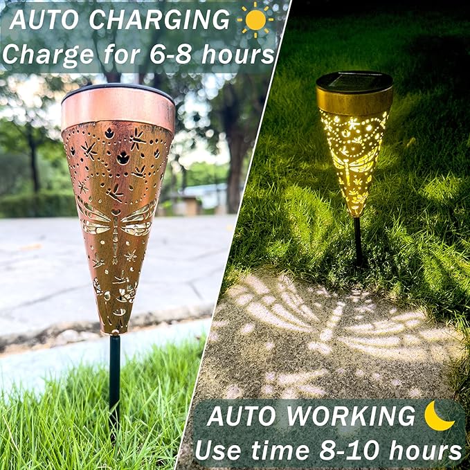 4-Pack Dragonfly Outdoor Decor Solar Pathway Lights, Metal Landscape Lighting for Outside Use: Patio, Yard, Lawn, Backyard, Walkway, Driveway – Gifts for Women, Mother, Grandmother