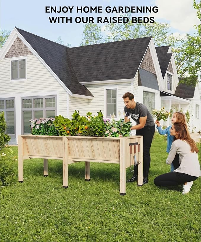 72x26x31 Inch Raised Garden Bed with Legs, 13.7In Depth Wooden Planter Box for Outdoor Growing Vegetables and Herbs, Elevated Garden Bed with Hooks for Backyard, Patio, Balcony