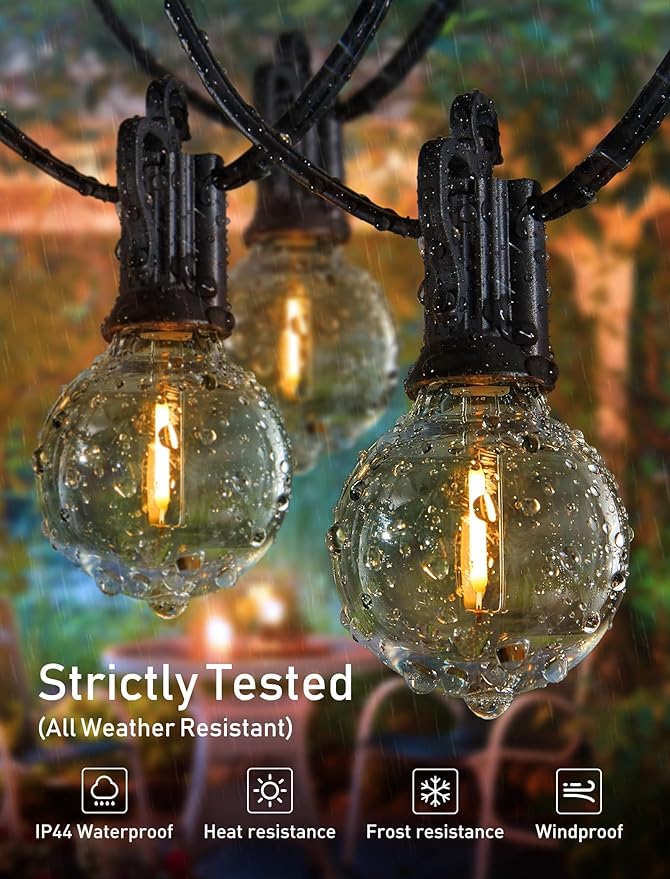Outdoor String Lights – 50ft Connectable Patio Lights with 52 G40 LED Plastic Bulbs (2 Spare) Outside Vintage Hanging Lights for Backyard Bistro Balcony Porch Party Wedding, E12, 2200K, Black