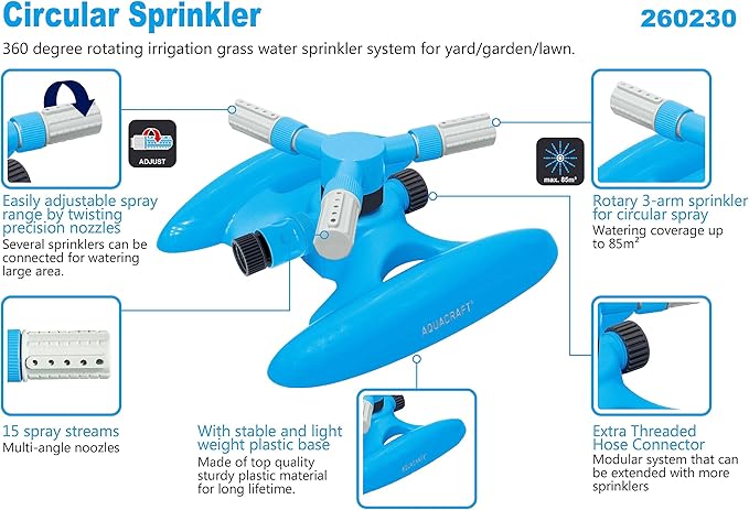 Circular Sprinkler for Large Area Coverage, Adjustable 360 Degree Rotating with Stable Base