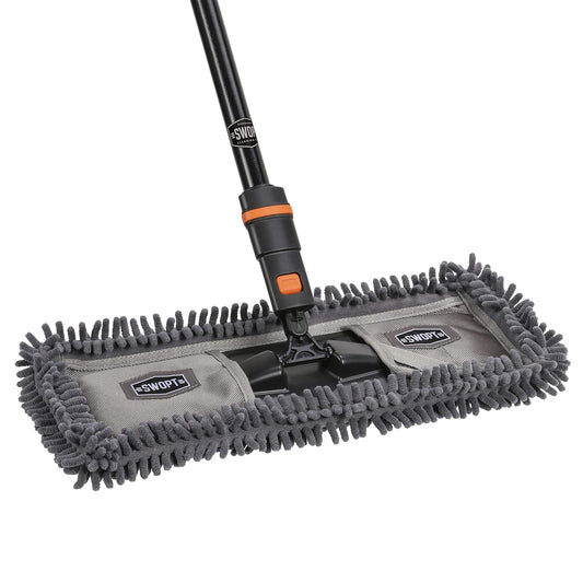 SWOPT 18” Microfiber Dust Mop + 60" Steel Handle, Combo — Dust Mop Head with Long Handle Interchangeable with All SWOPT Cleaning Products — Clean Hard-to-Reach Areas, Machine Washable