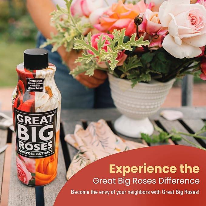 Great Big Roses – Soil and Rose Fertilizer Booster to Grow The Best Roses and Flowers; Rose Food Compost Extract for Rose Bush, 1 Gallon Concentrate (Makes 32 Gallons)