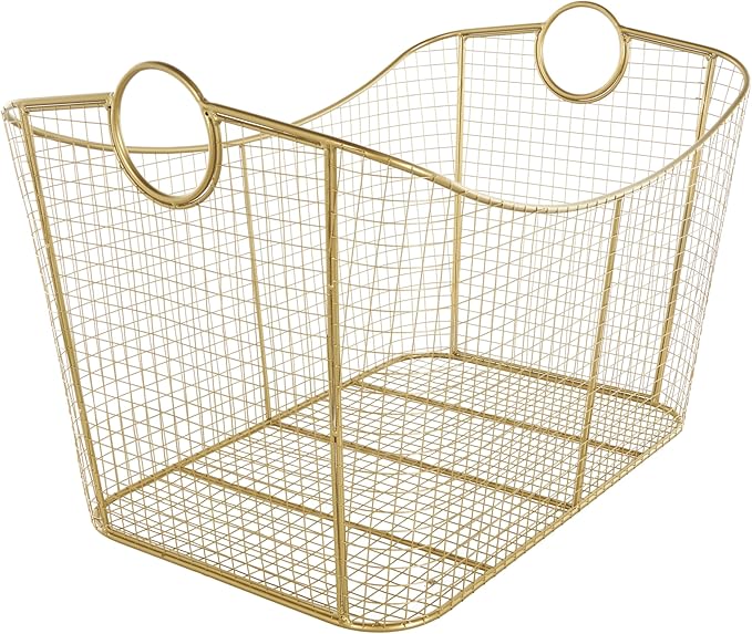 Deco 79 Metal Geometric Decorative and Functional Storage Basket Wire Grid Basket Organizer with Curved Edges Ring Handles, Basket for Storage 30" x 20" x 20", Gold