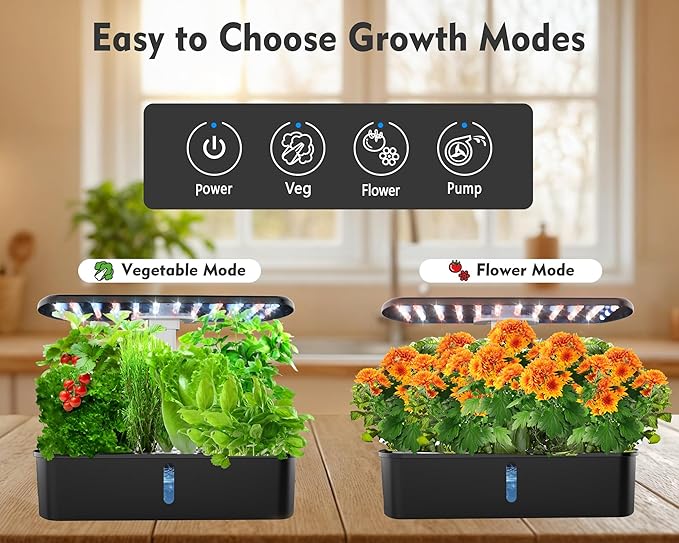 Hydroponics Growing System Kit 12 Pods Indoor Garden, Hydroponic Herb Garden Kit Indoor with LED Grow Light, Smart Indoor Garden, Adjustable Height, Auto Timer, Quiet Pump, Gift for Mom Women, Black