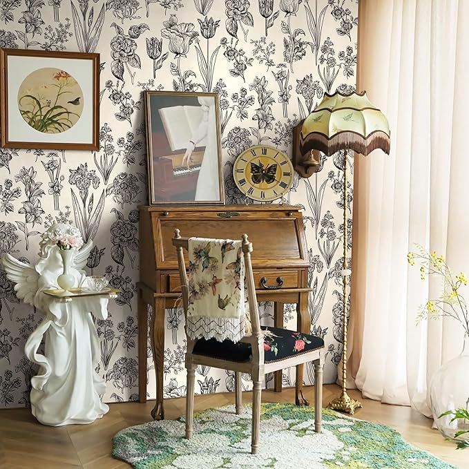 Dimoon 236"x17.3" Floral Peel and Stick Wallpaper Beige Contact Paper Waterproof Wallpaper Delicate Vintage Flower Thicken Plant Self Adhesive Removable Wall Covering Shelf Liner Decal Vinyl Roll