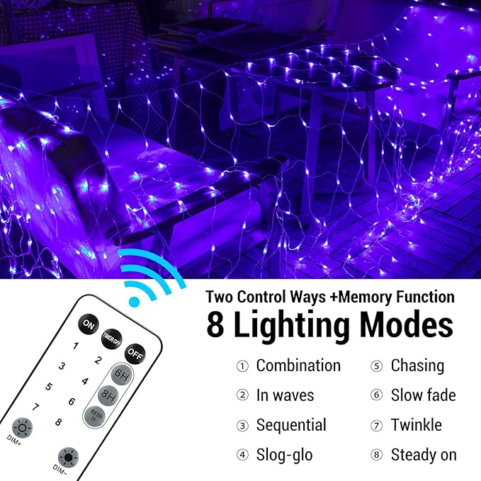 BrizLabs Christmas Net Lights, 11.8ft x 4.9ft 360 LED Christmas Bush Lights with Remote & Timer, 8 Modes Purple Mesh Lights Connectable Christmas Lights Outdoor for Christmas Bush Tree Yard Garden