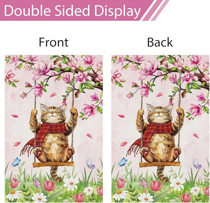 Heyfibro Spring Cute Cat Welcome Garden Flag 12x18 Inch Double Sided Burlap Butterfly Floral Yard Flag for Seasonal Holiday Farmhouse Outdoor Decor(ONLY FLAG)