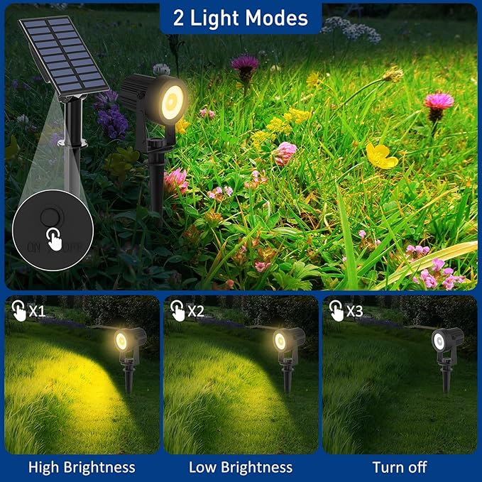 T-SUNUS Solar Landscape Spotlights 2 Pack Warm White, IP65 Waterproof Sopt Lights 9.8ft Cable, Outdoor LED Wall Light 3000K Separated Panel for Tree Flag Yard Garden Driveway Porch Walkway Pool Patio