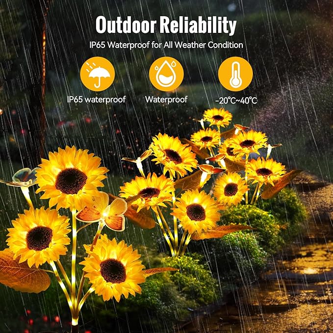 Solar Flower Lights Outdoor Garden Decor, FabStyl 2 Pack Sunflower Decor with 4 Butterfly, Solar Garden Lights Outdoor Waterproof Decorative for Pathway, Yard, Patio, Gifts for Mom Women