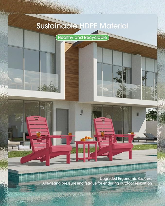 Folding Adirondack Chair HDPE All-Weather Adirondack Chairs with Cup Holder, Outdoor Fire Pit Chairs Lawn Chair for Deck Patio Garden (Red)