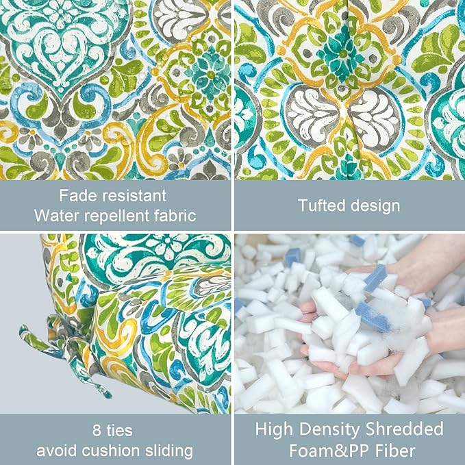 LVTXIII Outdoor Seat/Back Chair Cushion Patio Tufted High Back Cushion, Seasonal Replacement Rocking Chair Cushion with Ties (22” W x 20D”, Set of 2, Damask Green)