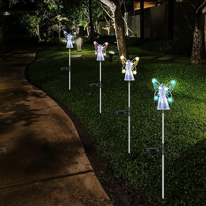 4 Pieces Solar Angel Stake Lights, Multicolor Angel LED Garden Decorations, Multicolor Garden Outdoor Solar Lights, Cemetery Decorations for Grave Yard, Memory Sympathy Gifts Favor
