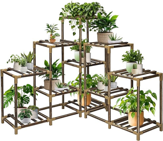 Plant Stand Indoor Outdoor, 11 Tier Corner Plant Shelf for Multiple Plants, Large Wood Plant Shelf Combo Ideal for Gardens, Patios, and Lawns