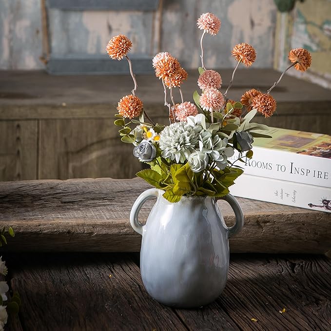 Gray Ceramic Vase with 2 Handles, Modern Farmhouse Decor, Rustic Terracotta Pottery, Decorative Flower Vases, Clay Small Vase, Centerpiece for Dining Table - 7 Inch Tall