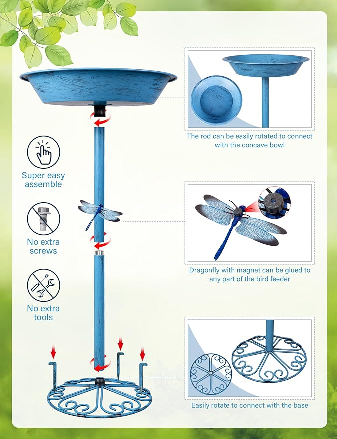 Bird Baths for Outdoors 25.5 Inch Height Outdoor Garden Bird Feeder Metal Birdbath with Dragonfly for Garden Yard and Lawn Decoration,Blue