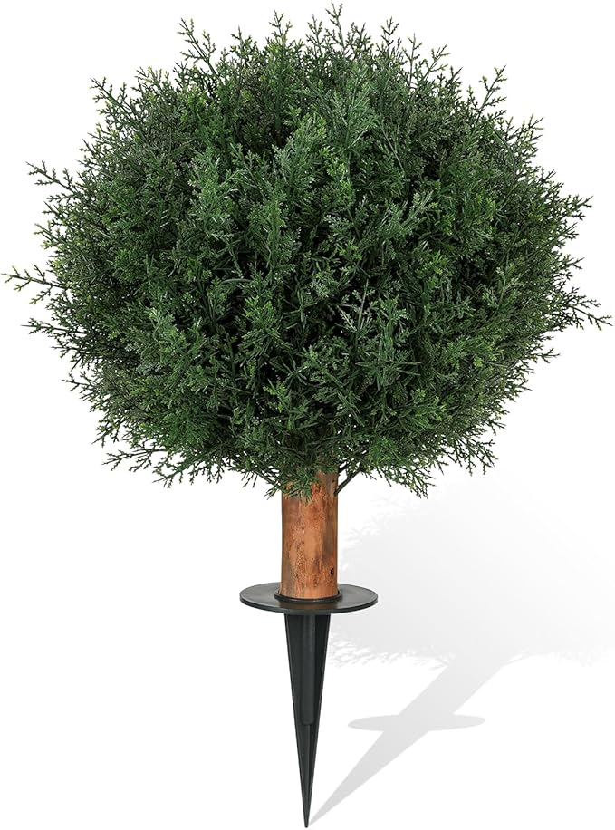 Artificial Cedar Shrubs Ball Trees with Ground Spike, 24.6 inche Tall UV-Resistant Fake Outdoor Plants Evergreen Trees, Realistic Faux Pine Bushes for Front Porch Home Patio Garden, 1 Pcs