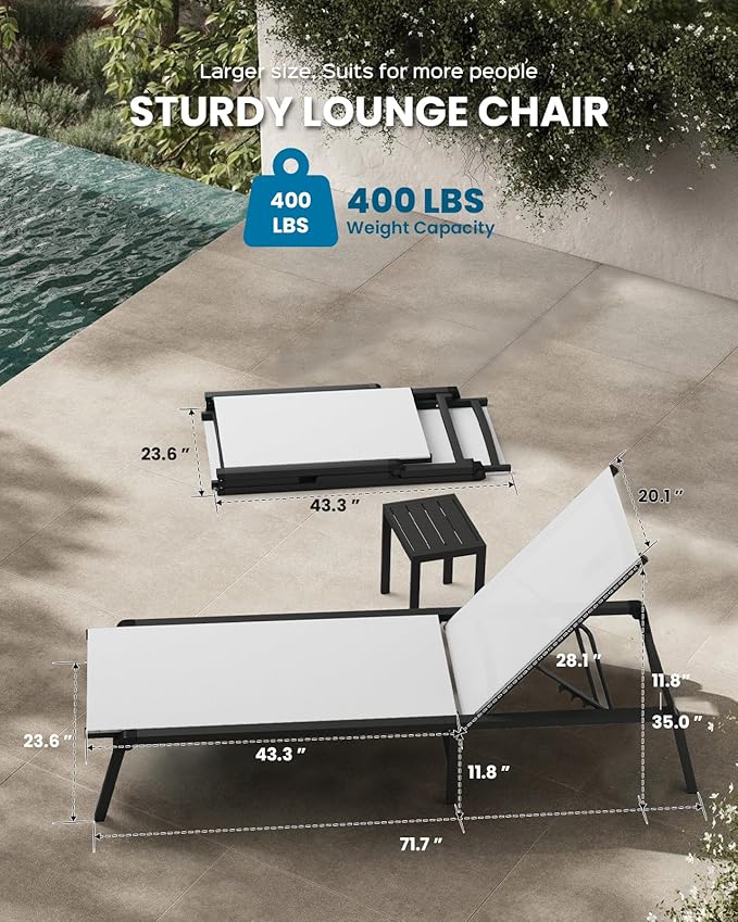 Chaise Lounge Outdoor, Foldable Aluminum Pool Lounge Chairs with 5 Positions Recliner - Free Assembly - Patio Chaise Lounge Chair for Poolside, Beach, Yard (White)