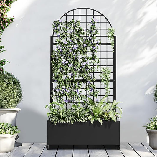 Casaphoria Metal Raised Garden Bed with Trellis and Wheels, 72"x35"x16" Arched Planter Box for Climbing Plants, Vegetables & Vines, Features Drainage Holes and Privacy Screen (Black-Grid)