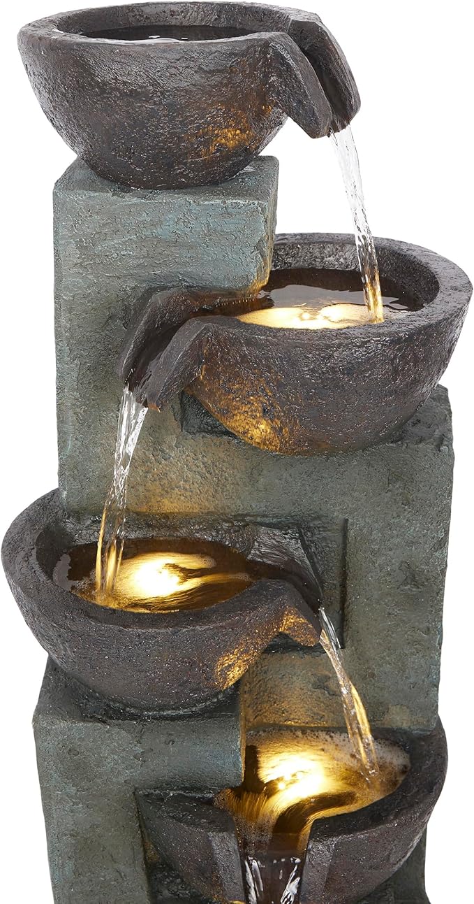 Alpine Corporation TZL390 Elegant Outdoor 5 Tier Bowls Waterfall Fountain with LED Lights for Garden, Patio, Yard, and Outdoor Spaces, Relaxing Cascading Fountain, 39" H, Gray
