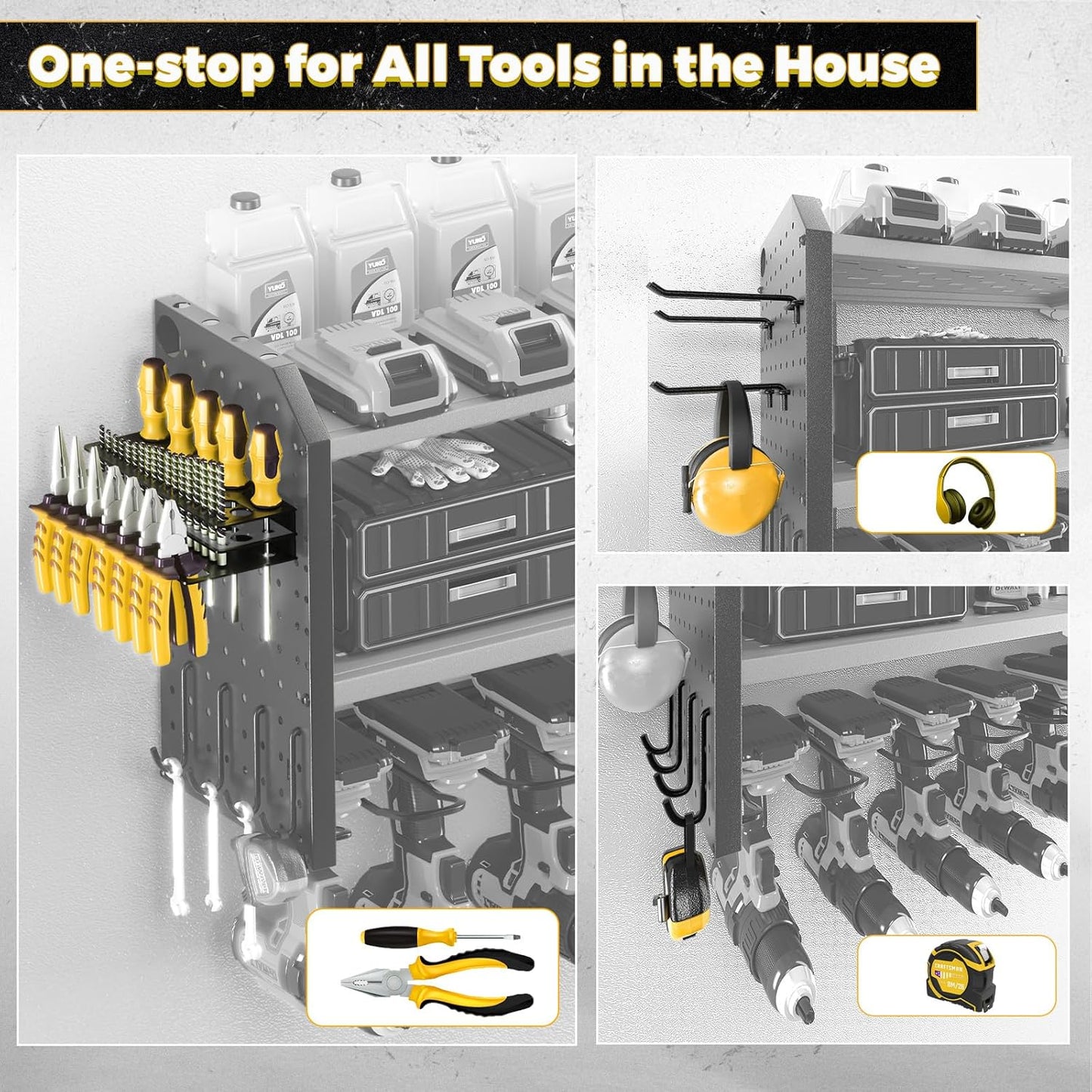 KAFAHOM Power Tool Organizer,Large 8 Drill Holder Wall Mount with 2 Side Pegboards,Metal Tool Shelf with 12 Hooks,Storage Rack for Garage Organization,Utility Cordless Drill Holder - Yellow