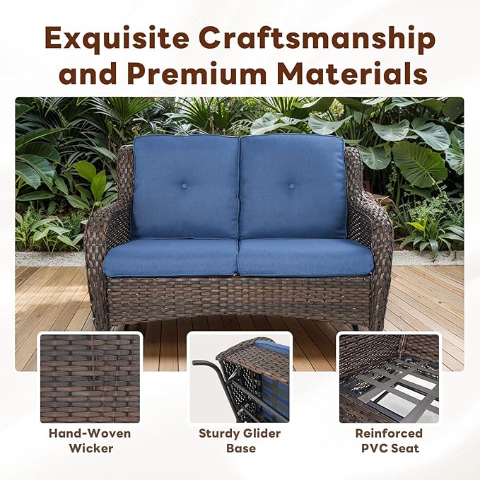 4 Piece Patio Furniture Set with Fire Pit Table - 41inch 50000 BTU Propane Fire Pit Table with High Back Loveseat Glider Chair and 2 Swivel Rocker Chair for Casual Gathering