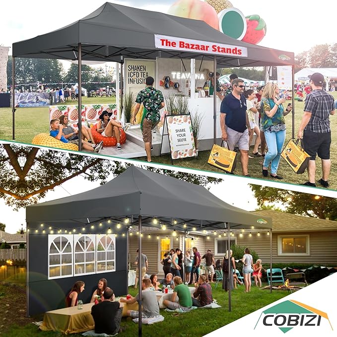 COBIZI 10x20 Pop Up Canopy Tent Heavy Duty with 6 Removable Sidewalls, Commercial Heavy Duty Pop Up Tent for Parties All Weather Waterproof and UV 50+ Wedding Tent with Roller Bag(Legs Upgraded)