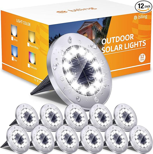 Biling Outdoor Lights 12 Packs, Bright 12 LEDs Waterproof, Ground Flat Pathway Lights Solar Powered for Yard Walkway Garden Driveway (White)