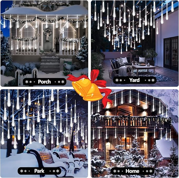 2-Pack Christmas Decorations Lights Outdoor, Total 384LED Meteor Shower Lights Rain Drop Light 30cm 16 Tubes Indoor Outdoor Snow Cascading String Light for Xmas Tree Roof Party Garden (Cool White)