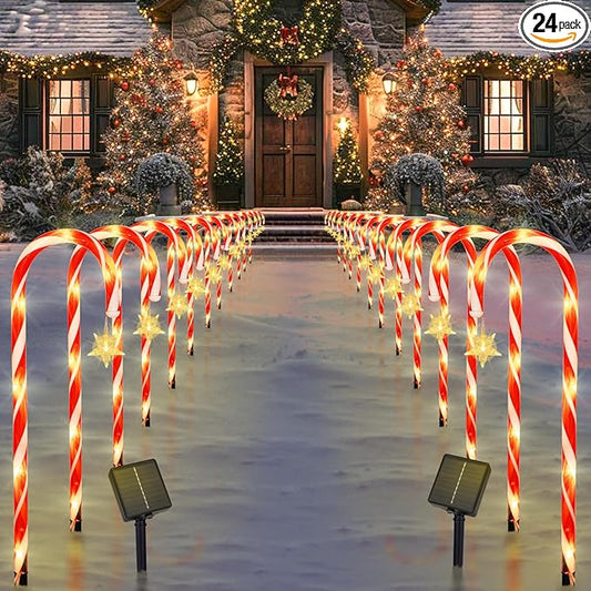 22" Candy Cane Lights Outdoor Pathway 2PK 24 PCS Candy Cane Christmas Decorations 8 Modes Solar Candy Cane Lights with Star Total 25FT Christmas Pathway Lights Outdoor for Xmas Yard Garden Walkway