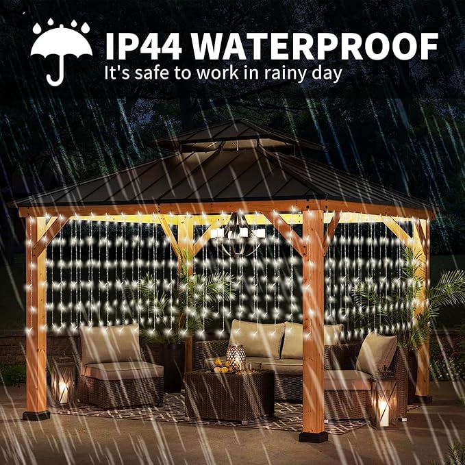 32.8 * 3.28FT Large Size Solar Curtain Lights Outdoor, 8 Modes Icicle Lights, Solar Garden Christmas Decortions for Patio, Gazebo, Eaves, Fence, Tree, Porch (White)