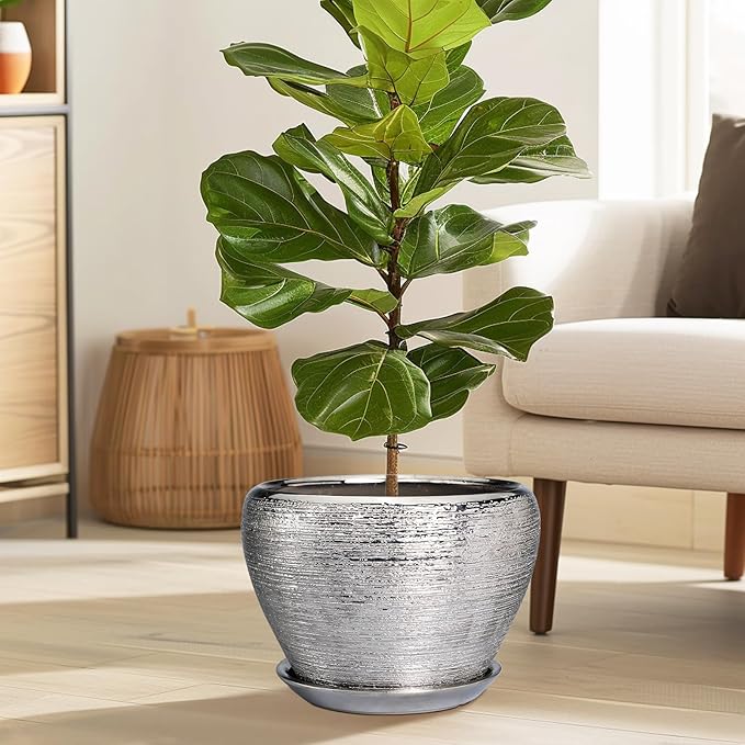 Flower Pot for Indoor Plants - Ceramic Planter 10 Inch Plant Pot with Drainage Hole and Saucer Large Decorative Planter Outdoor Mid-Century Planter for House Silver