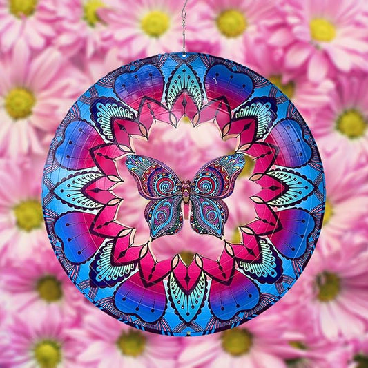 Wind Spinner Colorful Butterfly 12 inch 3D Stainless Steel Laser Cut Metal Double Sided Printing-Hanging Indoor/Outdoor Decorations Yard Gardening Decor,Metal Kinetic Art Ornament Gifts