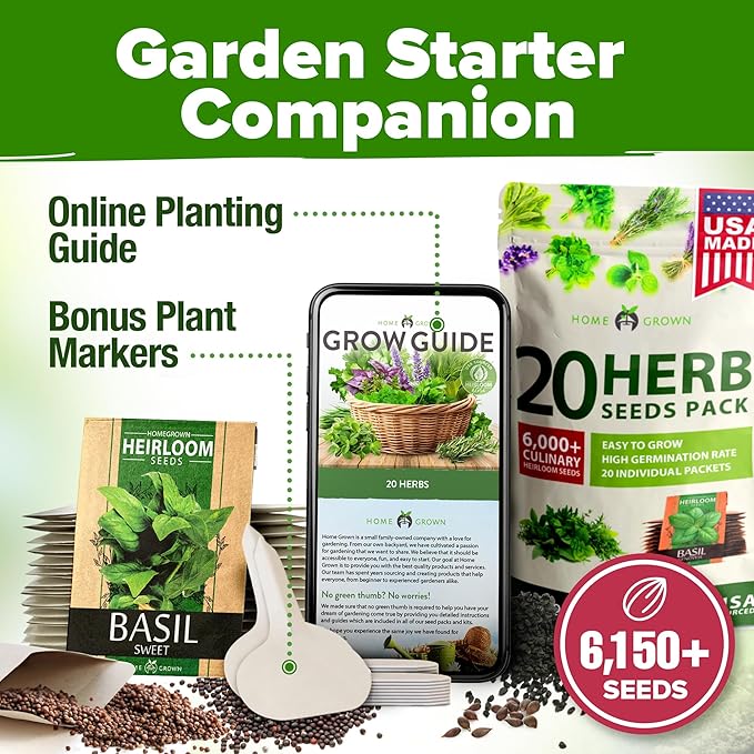 HOME GROWN 20 Herb Seeds for Planting 6,000+ Non-GMO Heirloom Seeds | Extra Large Variety Pack Herb Kit – Indoor Outdoor & Hydroponic | Culinary Seed Set | Grow Your Own Herbs | Gardening Gift