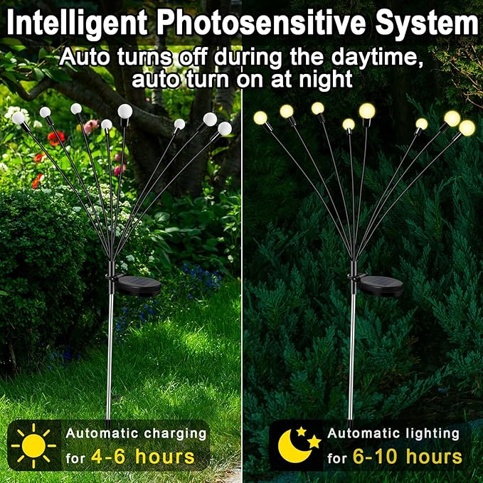 8Pack 64 LED Spring Solar Swaying Lights Outdoor Solar Powered Firefly Lights Garden Decor Waterproof Pathway Light Sway by Wind Landscape Lights Warm Yellow for Pathway Lawn Patio Courtyard Decor