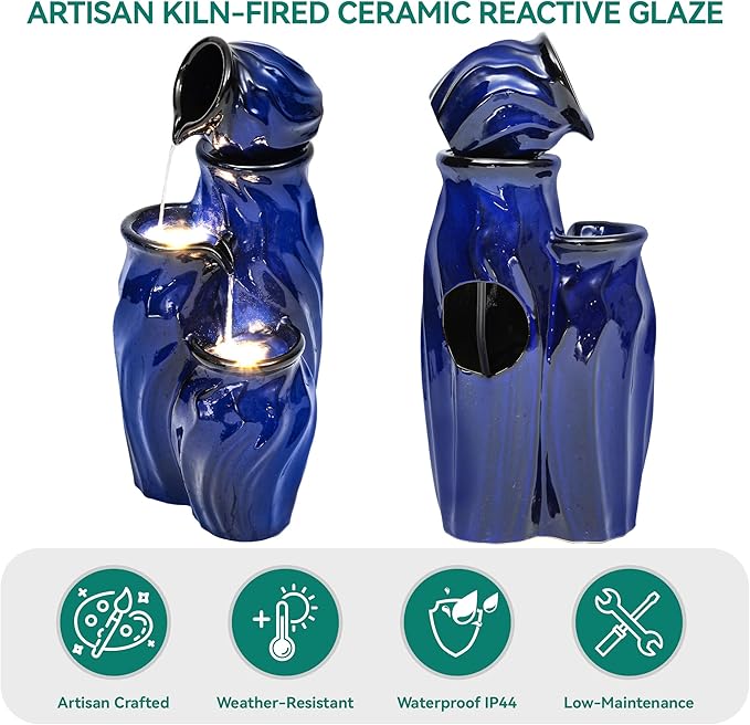 29" Tall Ceramic Water Fountain Outdoor with LED Lights, 4-Tier Cascading Waterfall Garden Fountain, Ideal for Serene Relaxing Patio, Yard or Porch, Cobalt Blue Glaze, Dynamic Wave-Texture