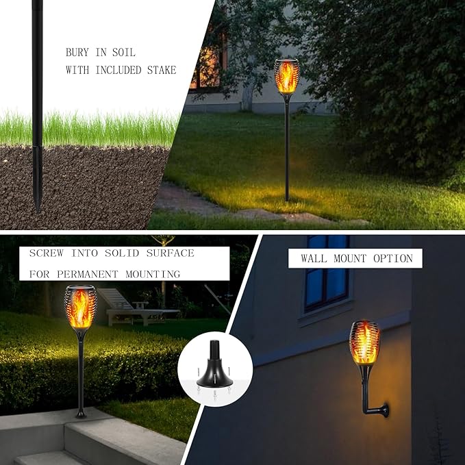 I-SHUNFA 96 LED Outdoor Waterproof Solar Torch Lights with 3 Modes—Flickering Flame, Fade Effect, or Full Brightness Automatic On/Off Landscape Decorations and Security Lights (4, Warm)
