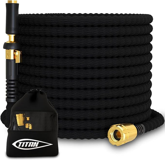 TITAN Flexible Garden Hose 100FT – Ultra Lightweight, Heavy Duty Water Hose with Brass Fittings & Jet Nozzle – Kink-Free, Non-Expanding, Durable Fabric Hose for Yard, Lawn, Car Wash, Outdoor Use